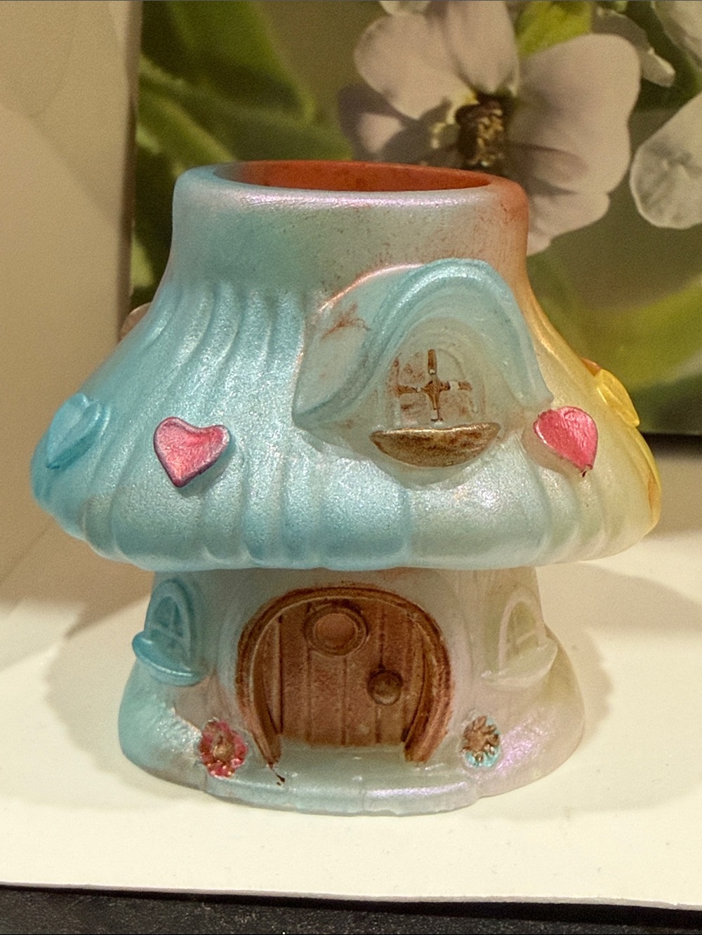 Iridescent Resin Mushroom House Planter - Blue with Pink Accents